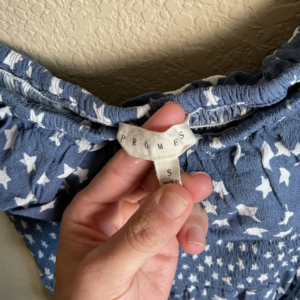 Promesa Womens‎ Small Blue Star Smocked Off Shoulder Romper 4th Of July Pockets